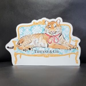 Tiffany & Co. Meditating Tiger Pink Bow Wooden Sign Home Decor Blue Gold Tone